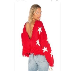 WILDFOX Couture Stars Palmettto Distressed Cotton Red Oversized Sweater Size M